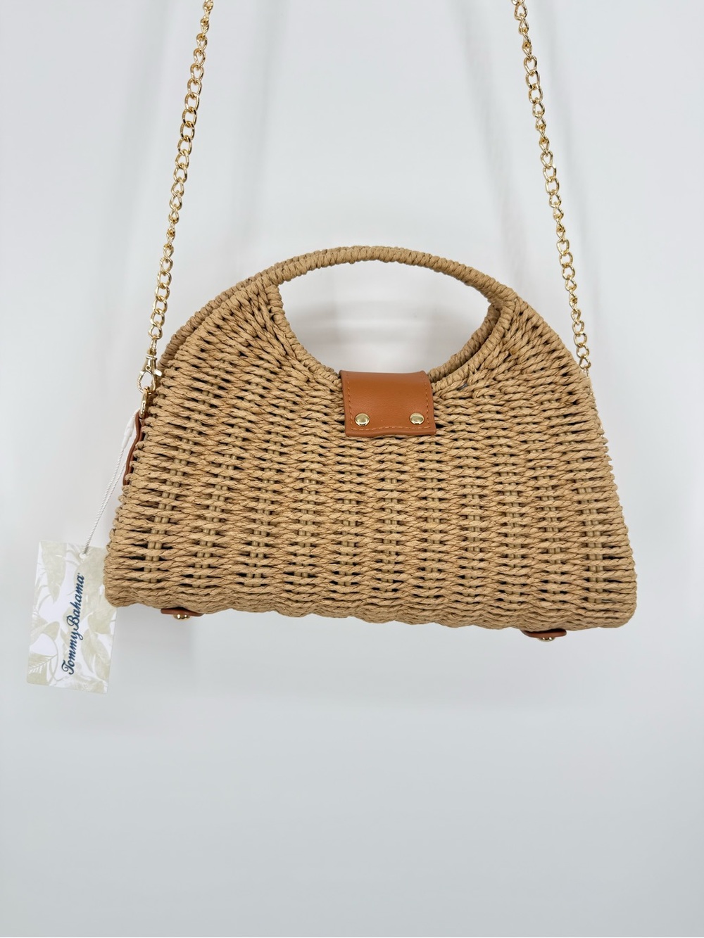 Tommy Bahama Straw Woven Satchel Crossbody Bag Gold Chain Resort Beach NEW - Picture 2 of 6